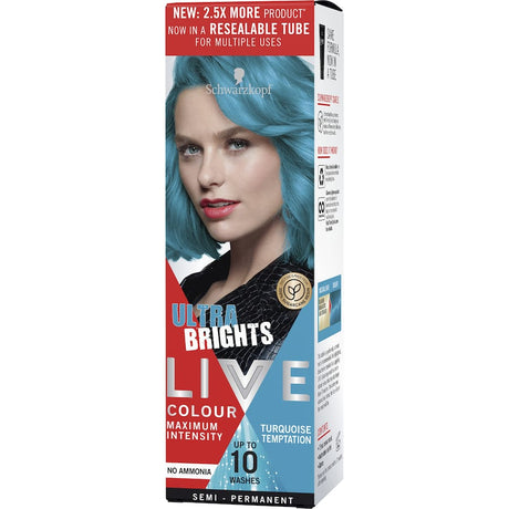 Vibrant turquoise hair dye in a resealable tube, semi-permanent, vegan formula for intense color and shine.