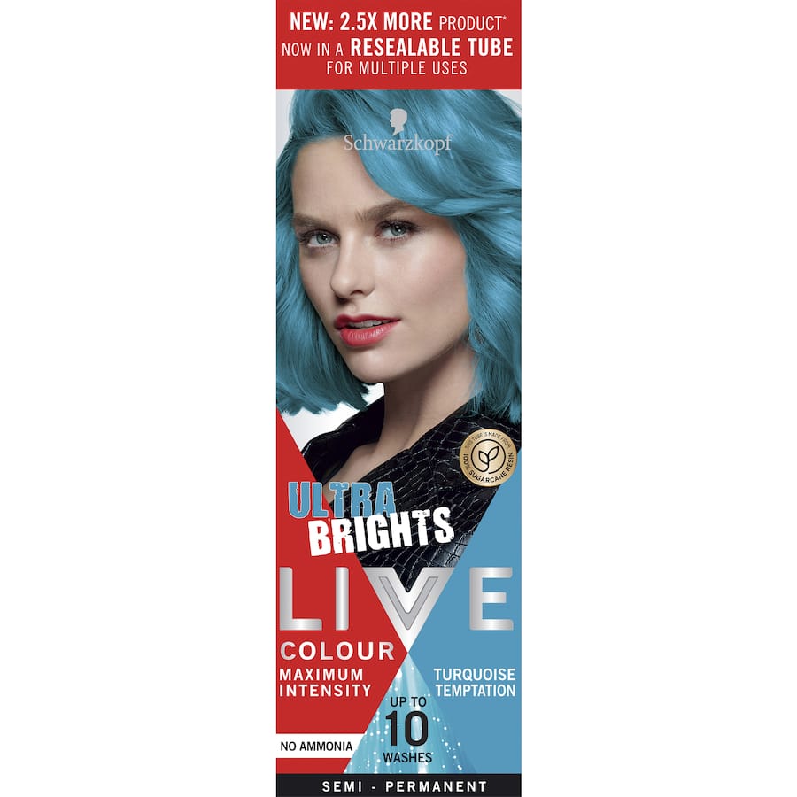 Vibrant turquoise hair dye in a resealable tube, delivering intense color for up to 10 washes with a vegan formula.