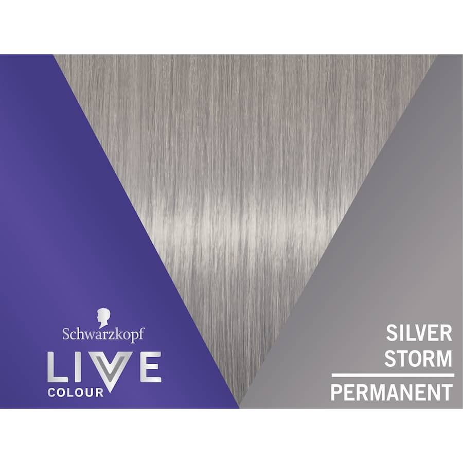 Vibrant Schwarzkopf Live Colour in Silver Storm offers long-lasting grey coverage with a vegan formula and Pro-Vitamin B5 for shine.