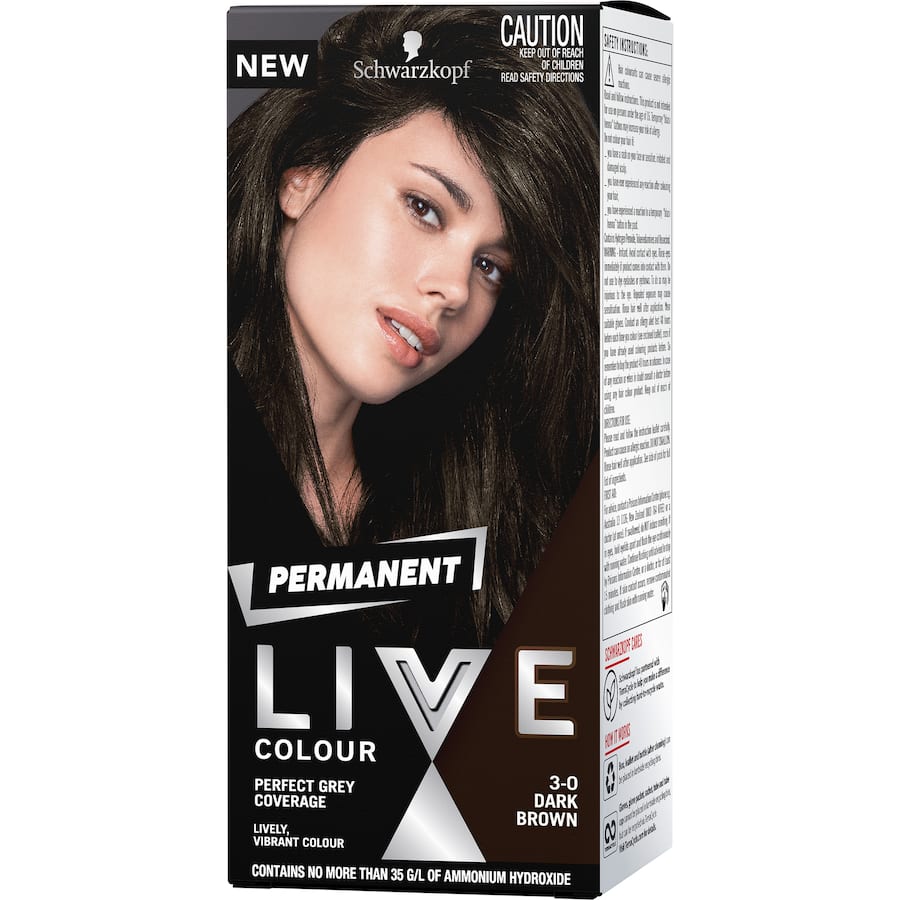 Schwarzkopf Live Colour Dark Brown 3.0 hair dye offers vibrant, long-lasting colour with perfect grey coverage and nourishing care.