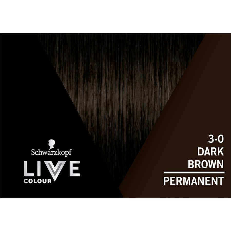 Schwarzkopf Live Colour Permanent Hair Colour in Dark Brown 3.0, offering vibrant color, perfect grey coverage, and nourishing care.