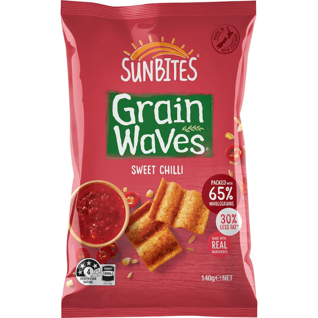 Wholegrain chips with Sweet Chilli flavor, made from real corn, wheat, and oats, offering a nutritious snack option.