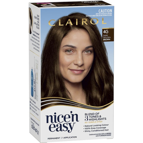 Clairol Nice 'N Easy Dark Golden Brown 4G hair dye offers rich, warm tones, 100% grey coverage, and lasting shine with ColourSeal Gloss.