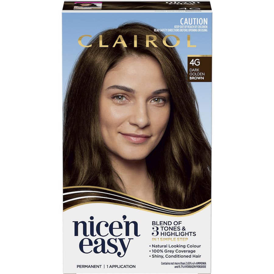 Clairol Nice 'N Easy Dark Golden Brown 4G hair dye delivers natural color with rich tones, 100% grey coverage, and lasting shine.