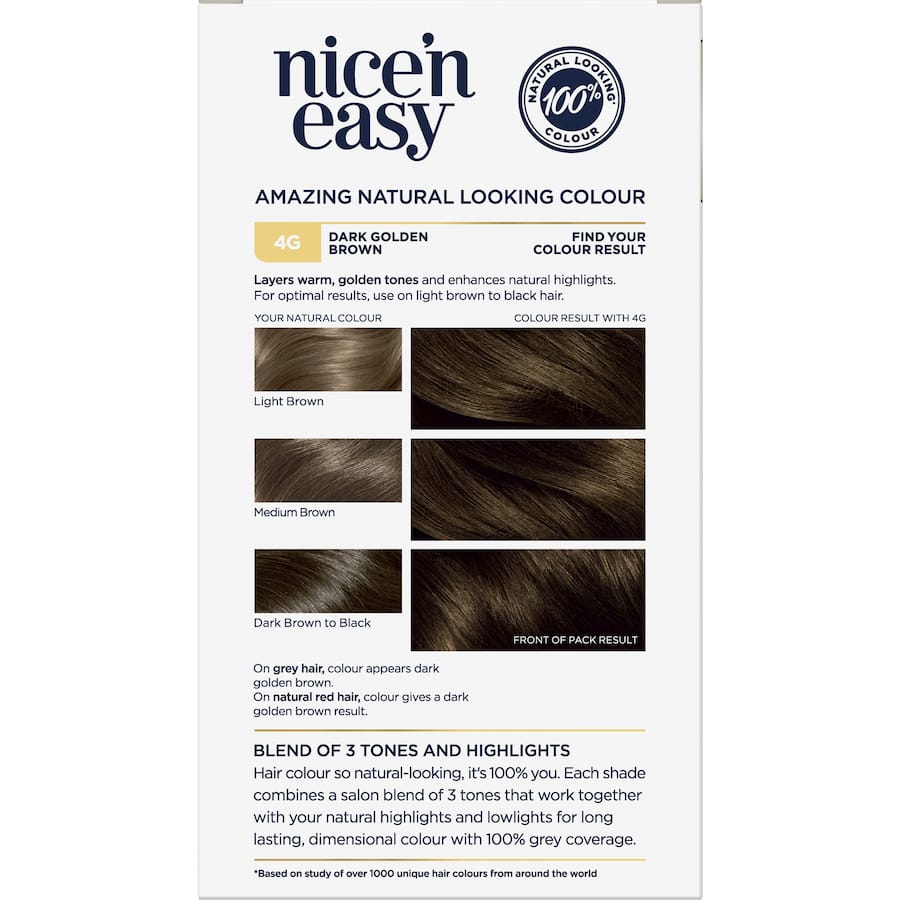 Clairol Nice 'N Easy Dark Golden Brown 4G hair dye offers rich, multidimensional color with 100% grey coverage and lasting shine.