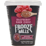 Coconut-covered snack balls with raspberry and dark chocolate, packed with protein and made with real fruit, vegan-friendly.