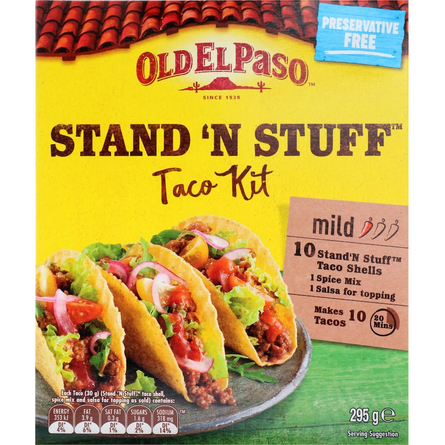 Old El Paso Mexican Stand & Stuff Kit with taco shells, spice mix, and sauce for customizable family taco nights.