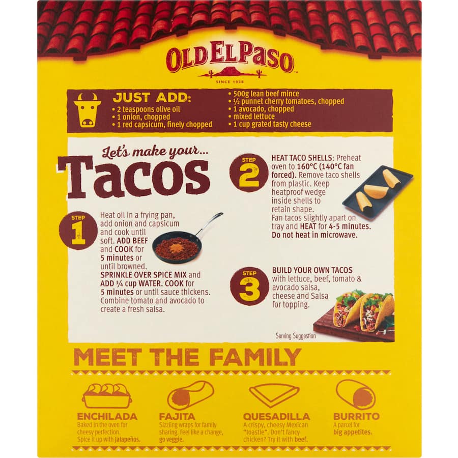 Old El Paso Mexican Stand & Stuff Kit with spice mix, sauce, and flat-bottom tacos for easy, customizable taco nights.