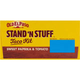 Old El Paso Mexican Stand & Stuff Kit with spice mix, sauce, and flat-bottom taco shells for easy filling and low salt.