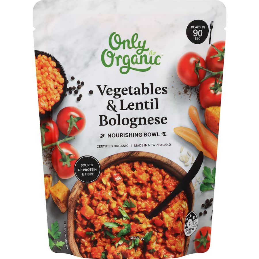 Nourishing bowl featuring lentil bolognese with vibrant vegetables, perfect for a quick, organic, and fiber-rich meal.