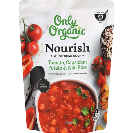 A nutritious organic soup featuring tomatoes, capsicum, potato, and rice, perfect for quick, wholesome meals.