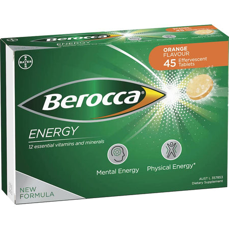 Effervescent orange vitamin supplement packed with B vitamins and minerals for energy and mental sharpness.