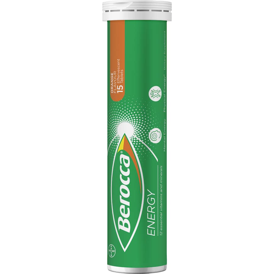 Effervescent orange vitamin supplement boosting energy, mental sharpness, and vitality with essential nutrients and no artificial flavors.