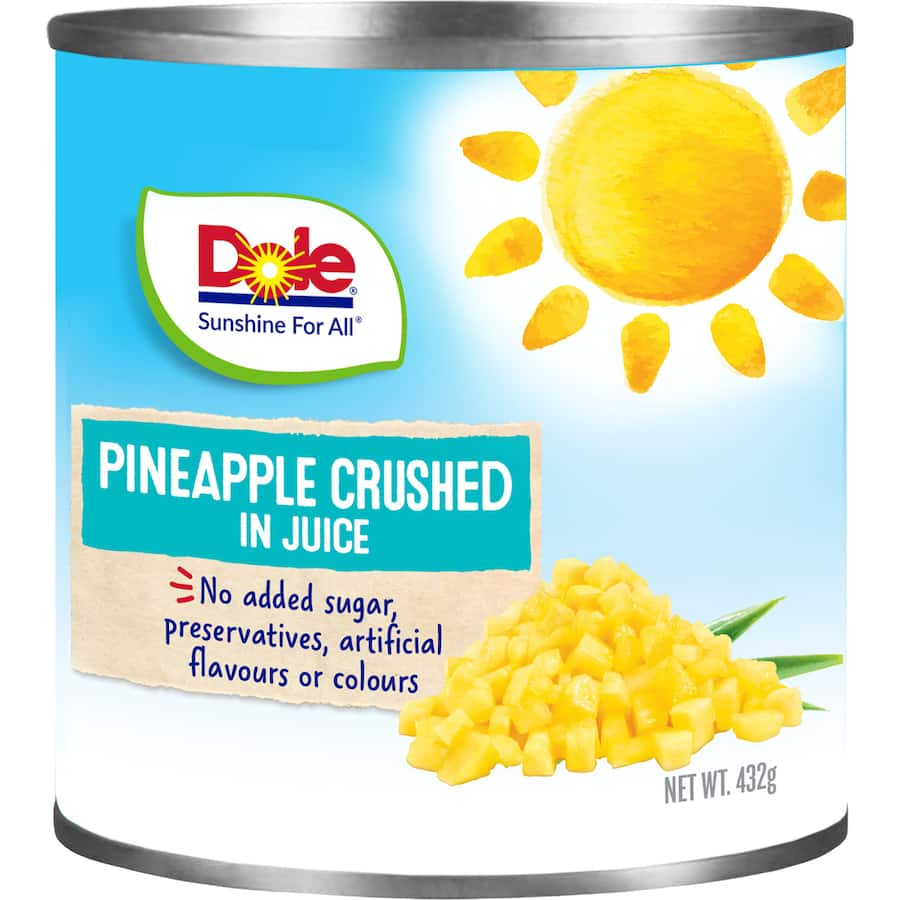 Canned Dole crushed pineapple in syrup, perfect for baking, cooking, and enhancing desserts with tropical flavor.