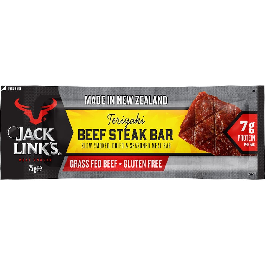 Jack Links Teriyaki Steak Bar, a protein-rich beef jerky with sweet umami flavor, perfect for on-the-go snacking.