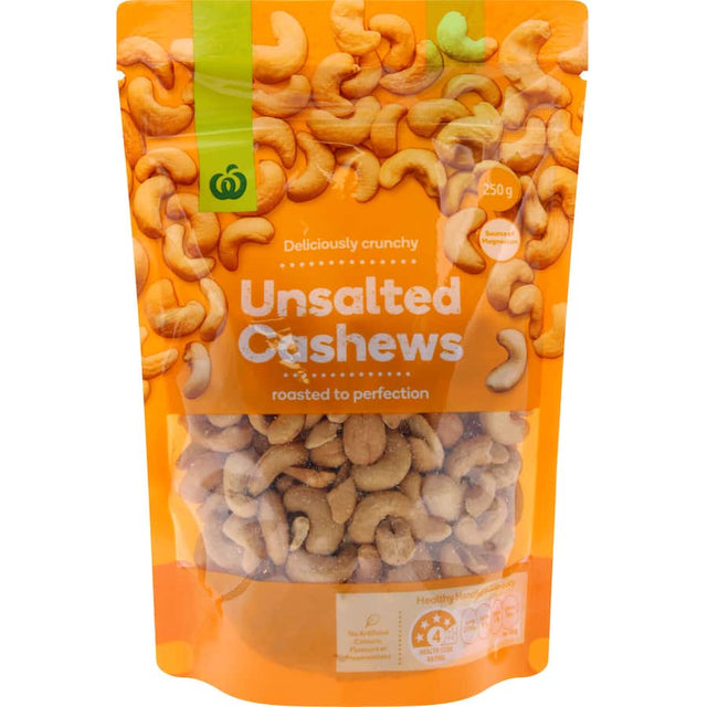 Woolworths Unsalted Cashews: Premium, heart-healthy snacks rich in flavor, perfect for guilt-free indulgence.