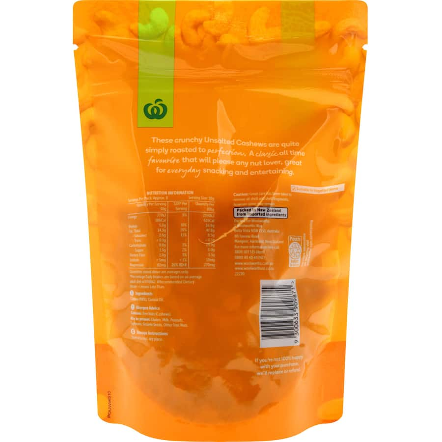 Woolworths Unsalted Cashews in a bag, perfect for healthy snacking and rich in essential nutrients.