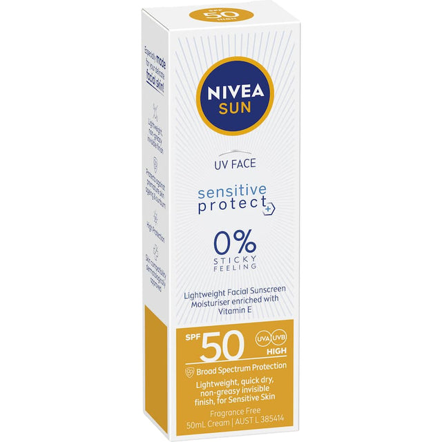 Nivea Sun Sunscreen UV Face Sensitive SPF 50, a lightweight, non-greasy formula for sensitive skin, offers broad-spectrum sun protection.