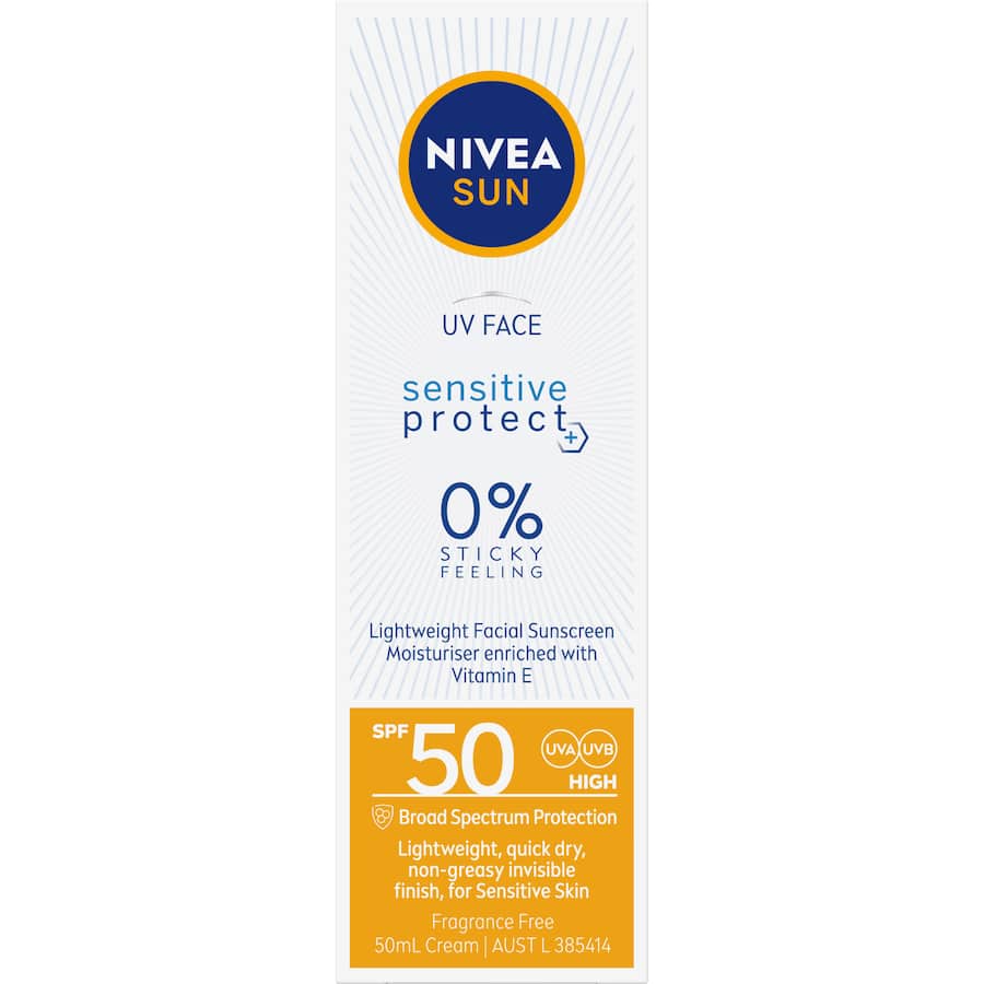 Nivea Sun Sunscreen UV Face Sensitive SPF 50, lightweight cream with Vitamin E, protects sensitive skin from harmful UV rays.