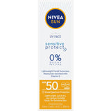 Nivea Sun Sunscreen UV Face Sensitive SPF 50, lightweight cream with Vitamin E, protects sensitive skin from harmful UV rays.