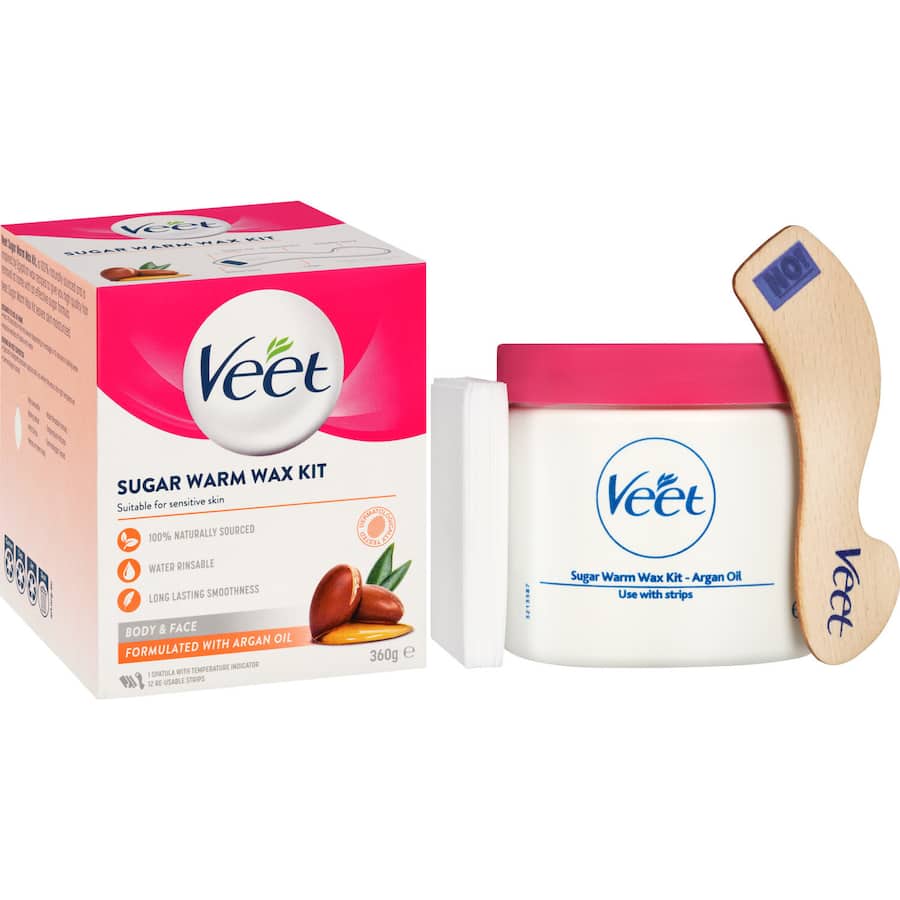 Veet Warm Wax Argan Oil Kit: nourishing wax kit with precision spatula for effective, gentle hair removal at home.