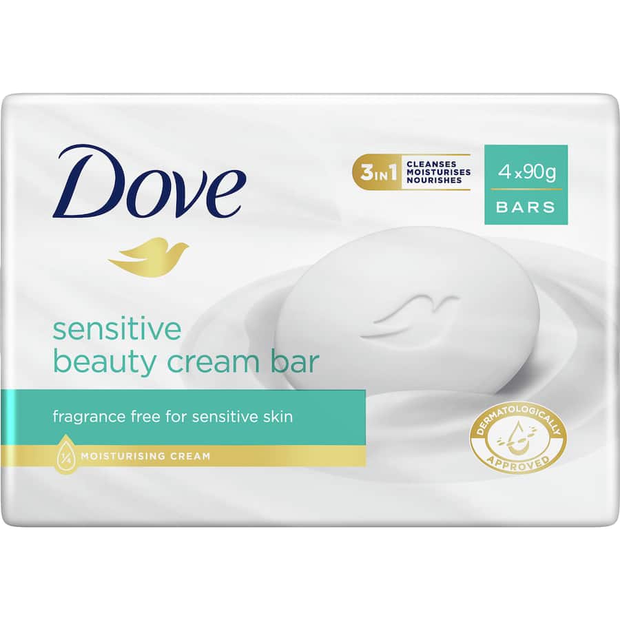 Dove Soap Bar Sensitive: hypoallergenic bar for gentle cleansing of sensitive skin, moisturizing, unscented, and soothing.