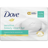 Dove Soap Bar Sensitive: hypoallergenic bar for gentle cleansing of sensitive skin, moisturizing, unscented, and soothing.