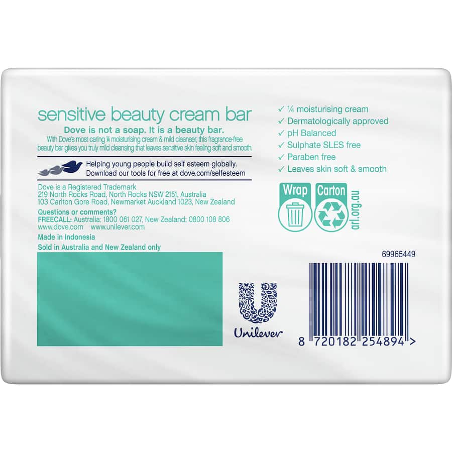 Dove Soap Bar Sensitive: A hypoallergenic, fragrance-free beauty bar for daily gentle cleansing of sensitive skin.
