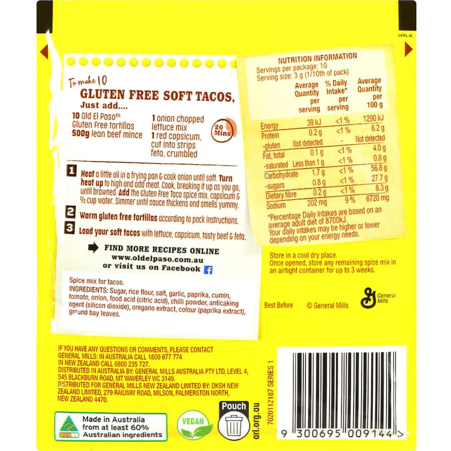 Old El Paso Gluten Free Taco Mix Spice, a savory blend for delicious, easy taco meals without gluten.