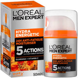 Men's facial moisturiser designed to combat fatigue signs, hydrates, and revitalizes skin for a youthful appearance.