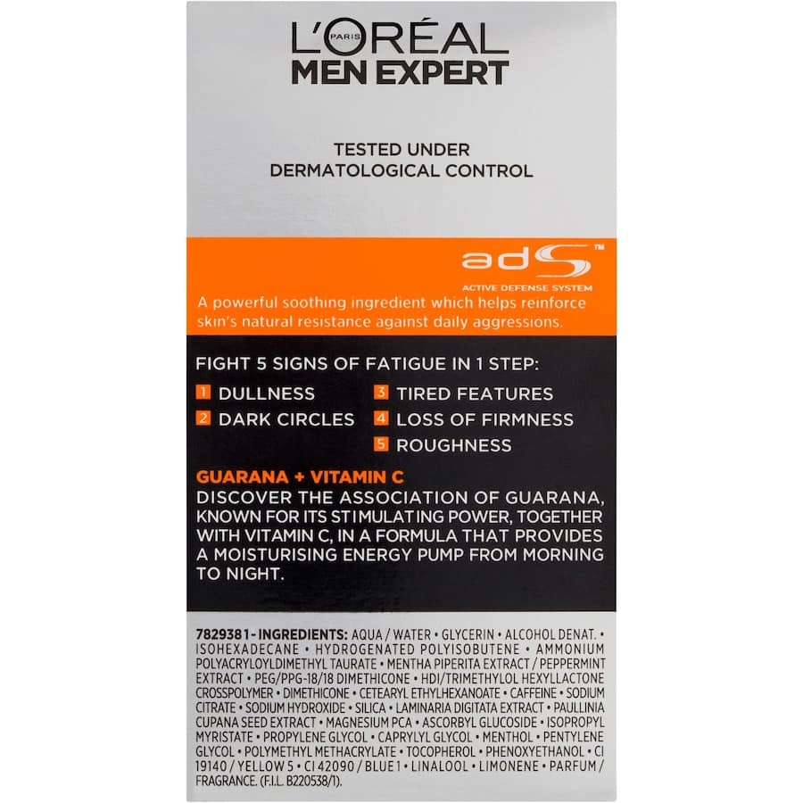 L'Oreal Paris Men Expert moisturiser revitalizes skin, combating fatigue signs for a youthful, energized appearance.