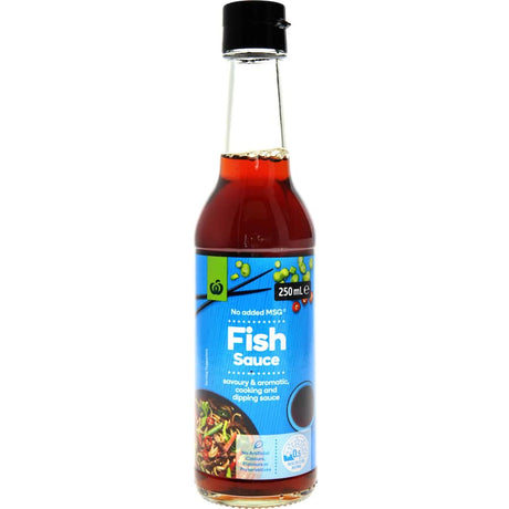 Woolworths Fish Sauce bottle, showcasing its rich umami flavor and natural ingredients for enhancing dishes.