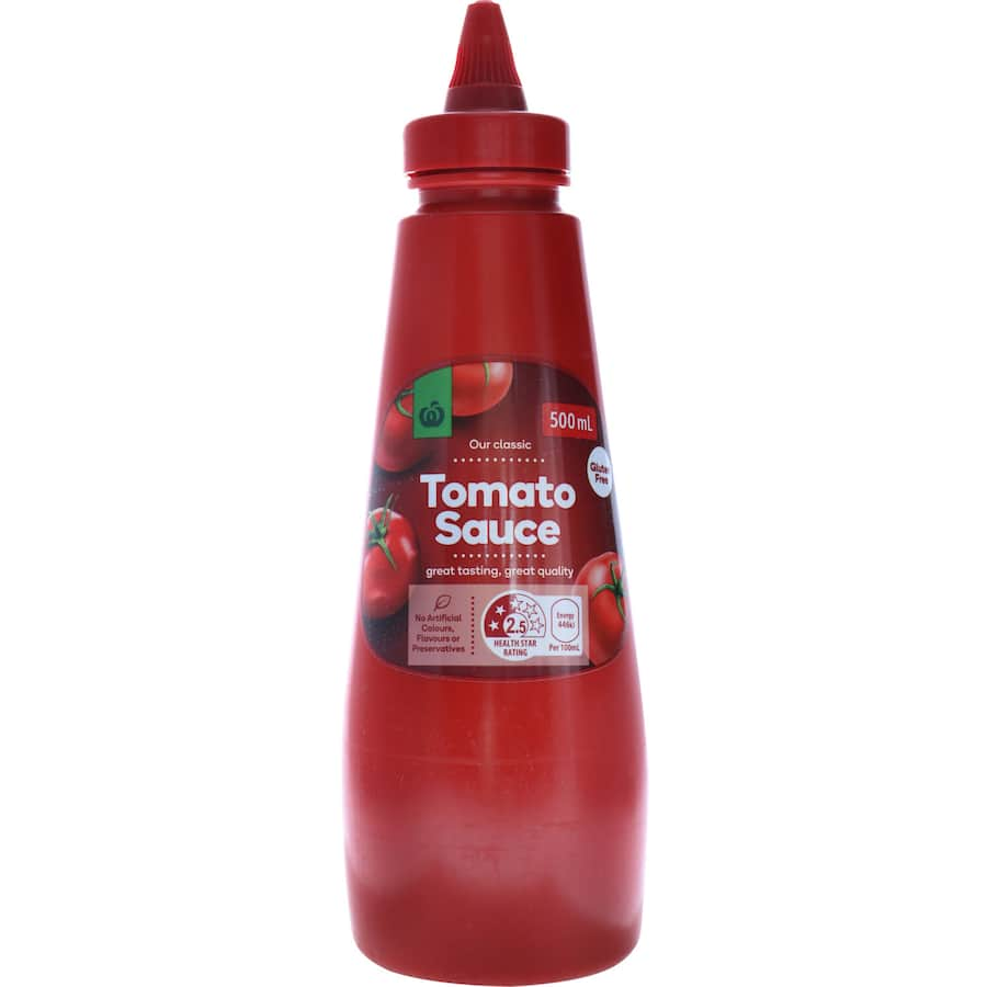 Woolworths Tomato Sauce Squeeze in an easy-squeeze bottle, perfect for enhancing meals with rich, tangy tomato flavor.