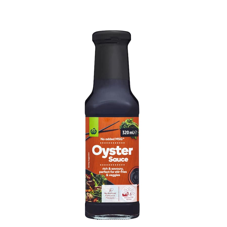 Woolworths Oyster Sauce bottle showcasing rich, savory flavor for enhancing stir-fries and Asian dishes without added MSG.