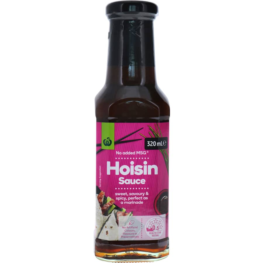 Woolworths Hoisin Sauce bottle showcasing a blend of sweet, savory, and spicy flavors for authentic Asian dishes.