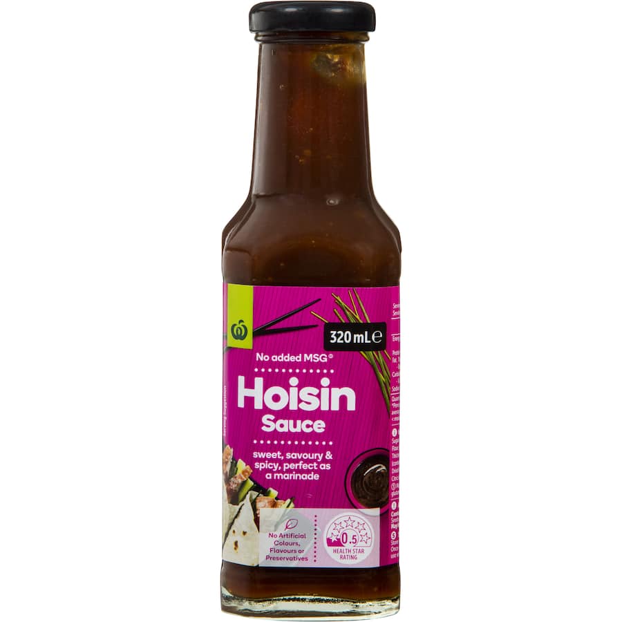 Woolworths Hoisin Sauce bottle showcasing a blend of sweet, savory, and spicy flavors, ideal for Asian dishes and marinades.