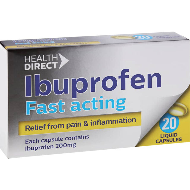 Health Direct Ibuprofen 200mg Liquid Capsules for effective relief from pain, inflammation, and discomfort.