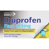 Health Direct Ibuprofen 200mg Liquid Capsules for effective relief from mild to moderate pain, easy to swallow and fast-acting.