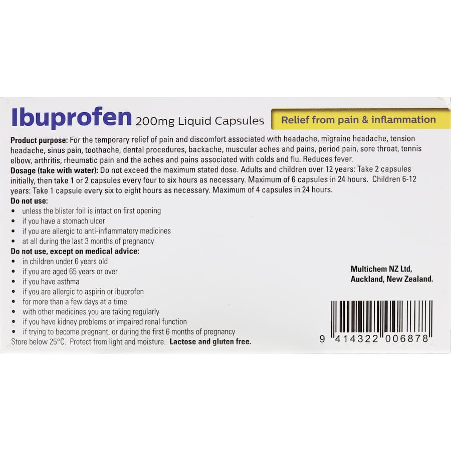 Health Direct Ibuprofen 200mg Liquid Capsules for fast relief of mild to moderate pain, easy to swallow and effective.