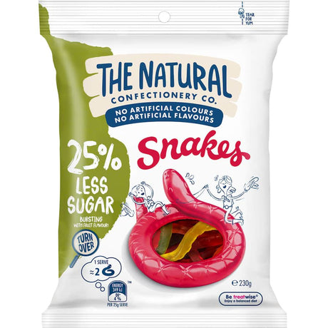 Reduced sugar snake lollies in vibrant colors, offering delicious fruity flavors and chewy texture for guilt-free enjoyment.