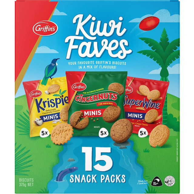 A 375g pack of Griffins Biscuits Kiwi Faves, featuring a delightful assortment of New Zealand's cherished flavors.