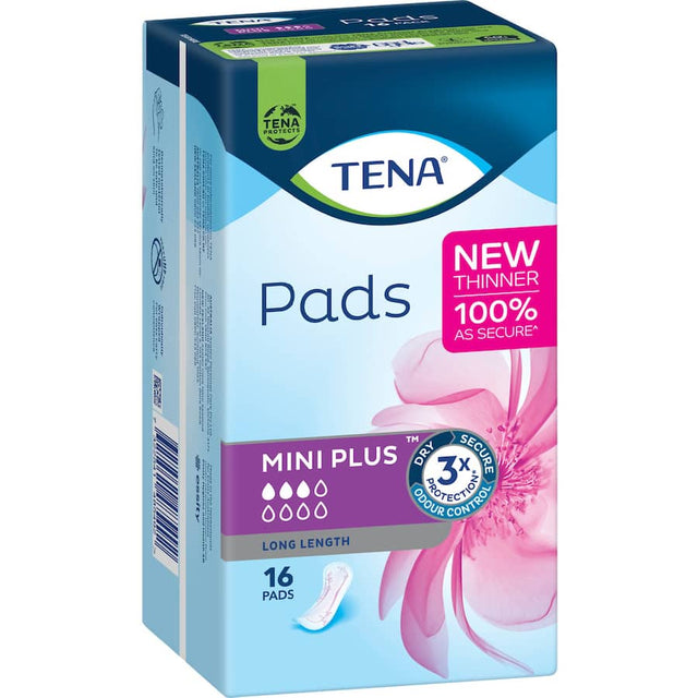 Discreet TENA Mini Pads Long Length for women, offering reliable protection against light bladder leakage with Triple Protection.