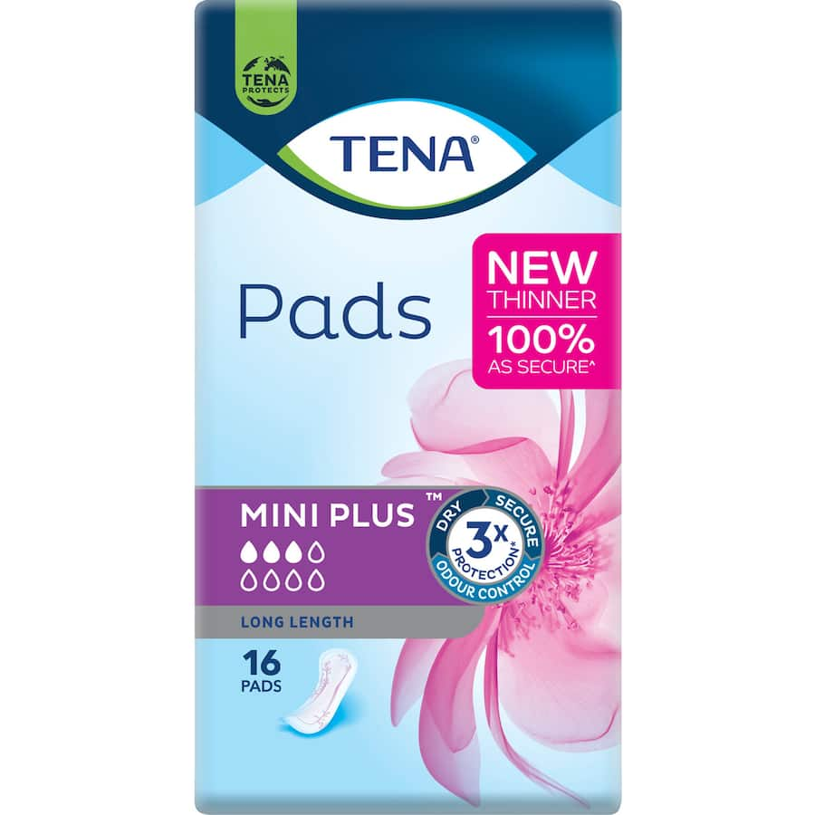 TENA Mini Pads Long Length for discreet, reliable protection against light bladder leakage, designed for women's comfort and confidence.