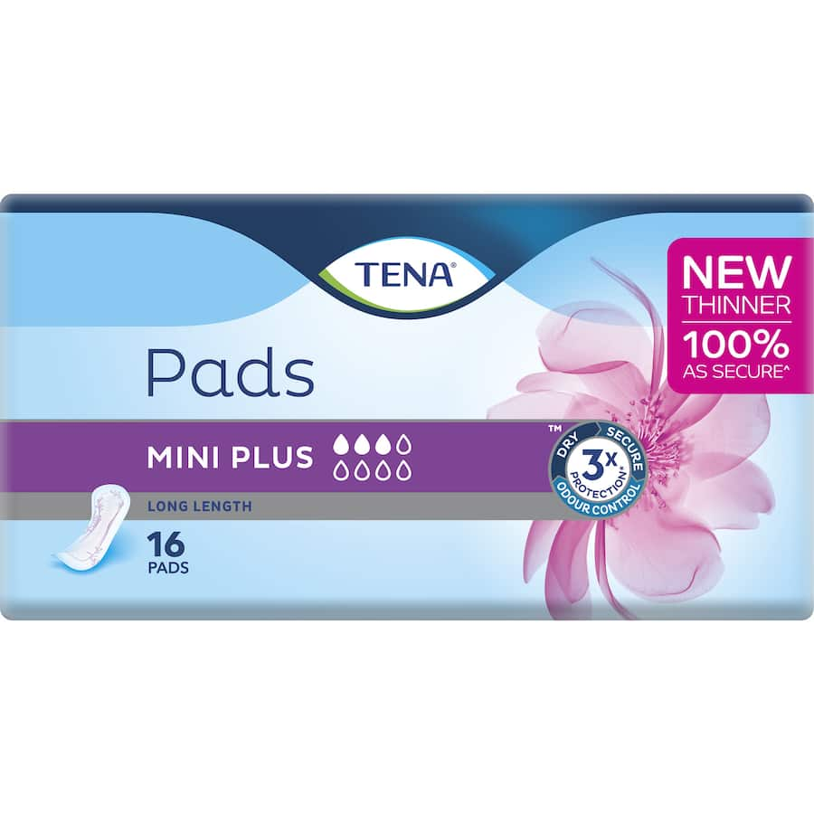 TENA Mini Pads Long Length: discreet pads for women, offering Triple Protection against leaks, odours, and moisture.