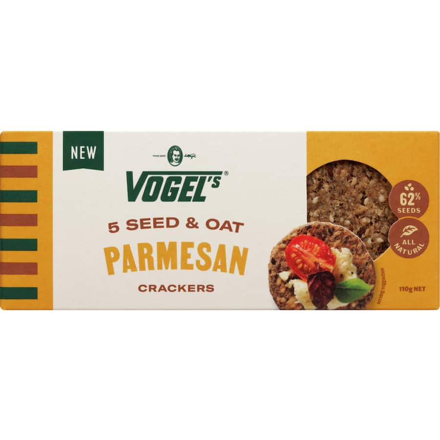 Vogel's 5 Seed Oat Parmesan Crackers, golden-brown with savory seeds and real Parmesan, perfect for healthy snacking.