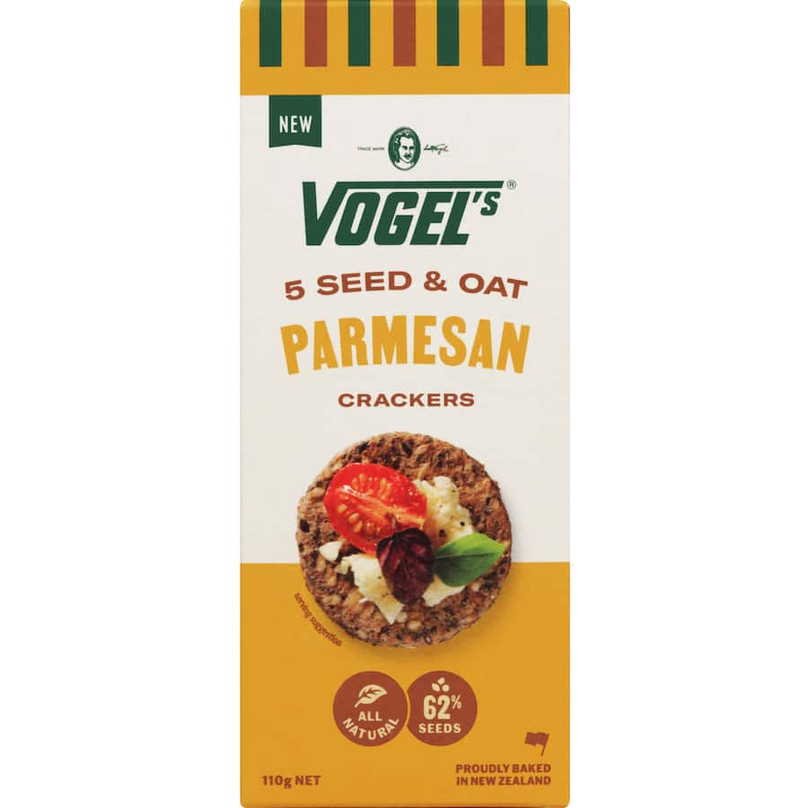 Vogel's Crackers 5 Seed Oat Parmesan feature a crunchy texture with oats, seeds, and rich Parmesan flavor for a healthy snack.