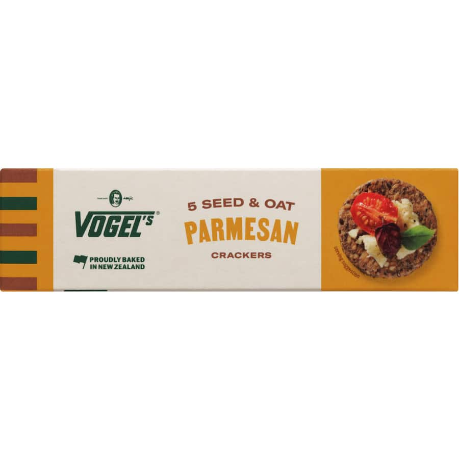 Vogel's Crackers 5 Seed Oat Parmesan, gourmet baked treats with oats, five seeds, and real Parmesan for a healthy snack.