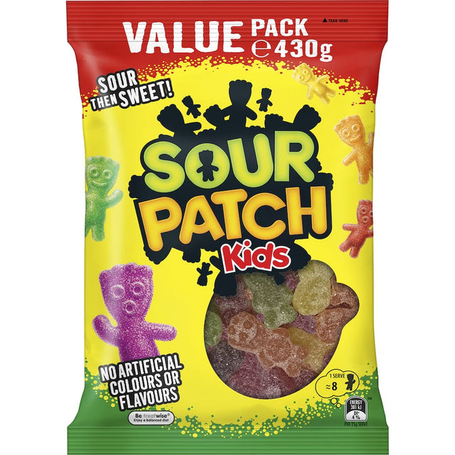 Colorful Sour Patch Kids Lollies in a value pack, featuring chewy, sour-sweet fruit flavors perfect for sharing.