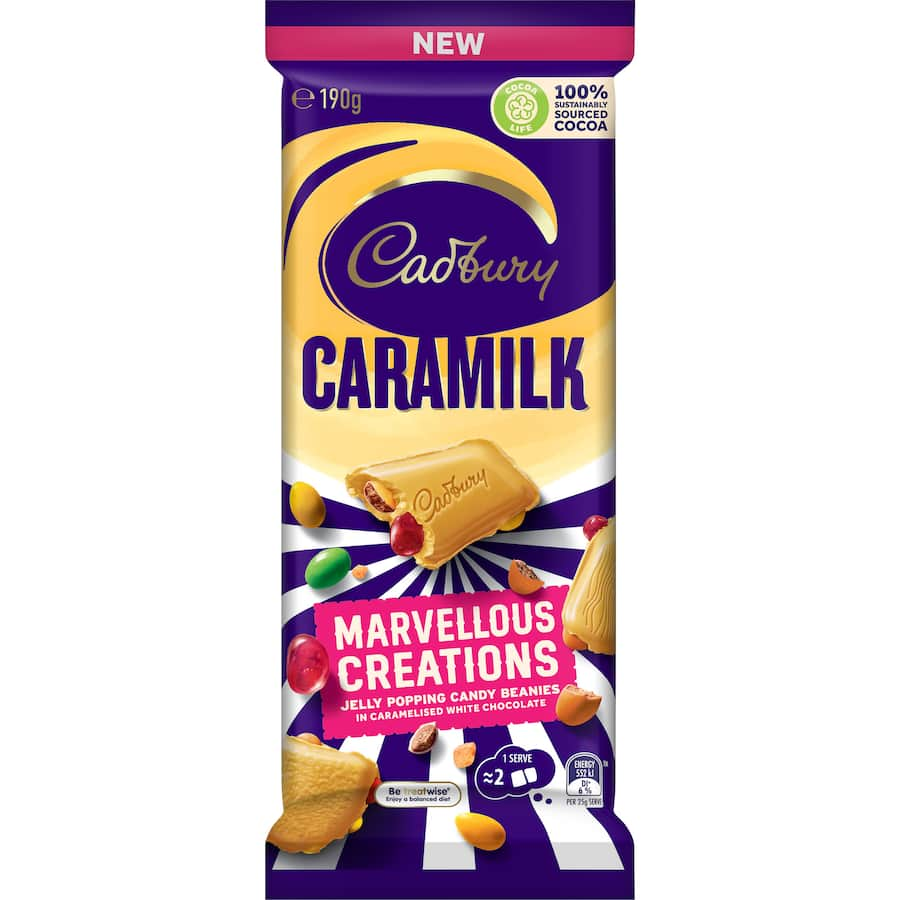 Cadbury Caramilk Marvellous Creations bar with caramelised white chocolate, jelly popping candy, and crunchy beanies.