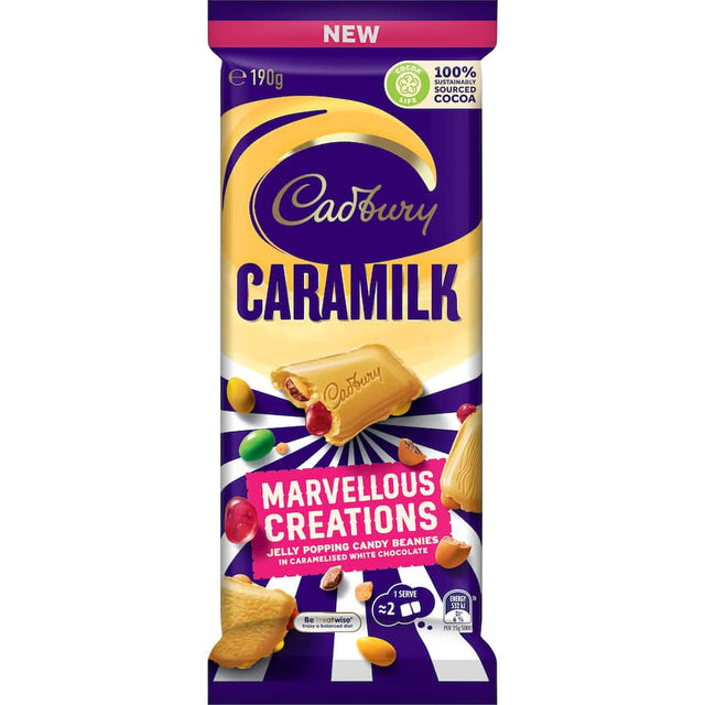 Cadbury Caramilk Marvellous Creations bar with caramelised white chocolate, jelly popping candy, and crunchy beanies.